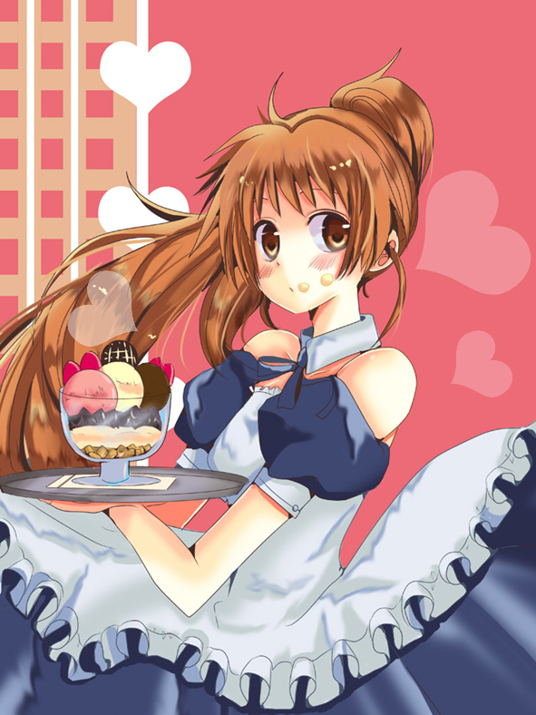 taneshima popura, working!!, bad id, bad pixiv id, blush, brown eyes, brown hair, dress, food, long hair, parfait, ponytail, solo, waitress