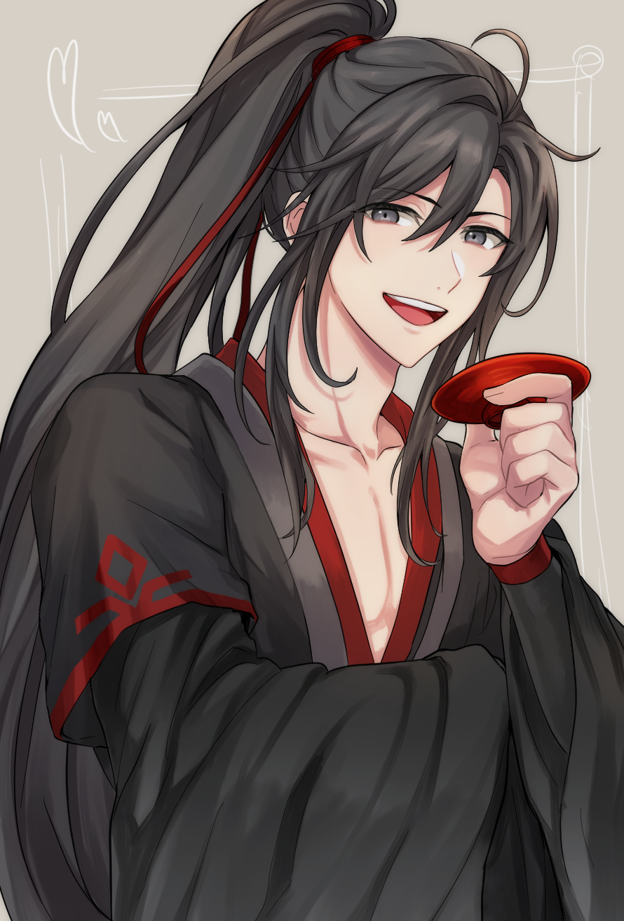 wei wuxian, modao zushi, commentary request, highres, 1boy, :d, ahoge, alcohol, aslle, bishounen, black hair, black hanfu, chinese clothes, collarbone, cup, grey background, grey eyes, hair between eyes, hair ribbon, hanfu, heart, holding, holding cup, long hair, long sleeves, looking at viewer, male focus, open mouth, pectoral cleavage, pectorals, ponytail, red ribbon, ribbon, robe, sakazuki, sidelocks, simple background, smile, solo, teeth, upper body, very long hair, wide sleeves