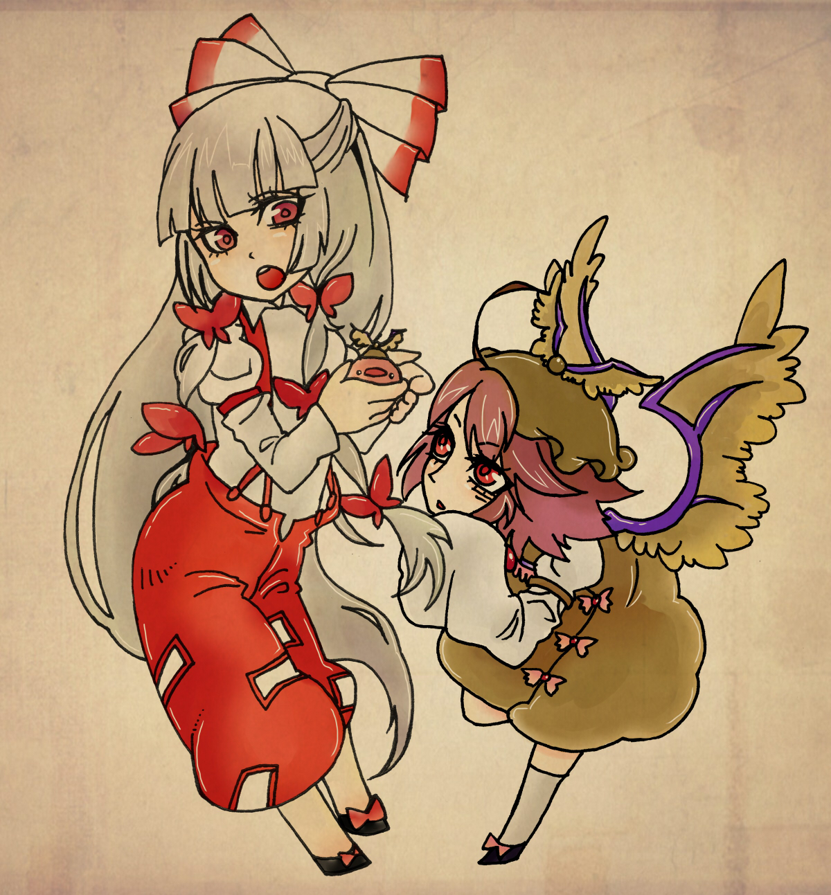 hime kake, fujiwara no mokou, mystia lorelei, mystia lorelei (bird), touhou, highres, 2girls, animal ears, female focus, hair ribbon, hat, holding, long hair, multiple girls, open mouth, pants, red eyes, ribbon, short hair, standing, standing on one leg, very long hair, wings