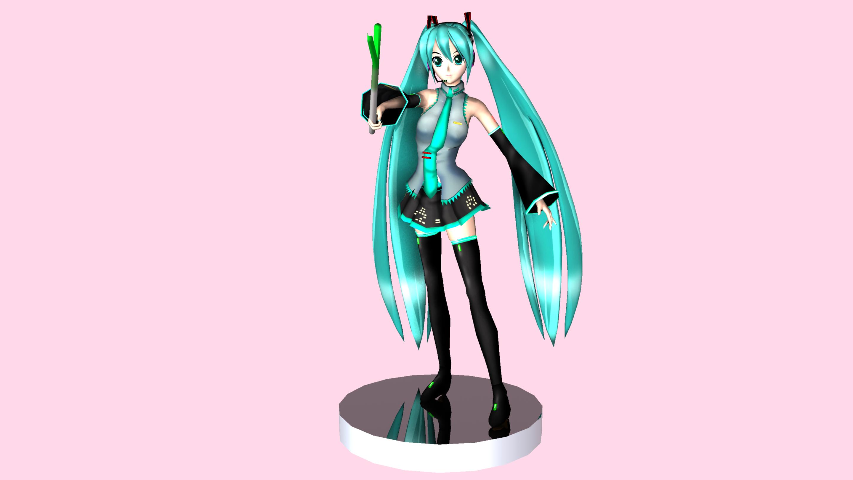 hatsune miku, vocaloid, highres, tagme, 1girl, 3d, female focus, full body, pink theme, solo, spring onion, standing