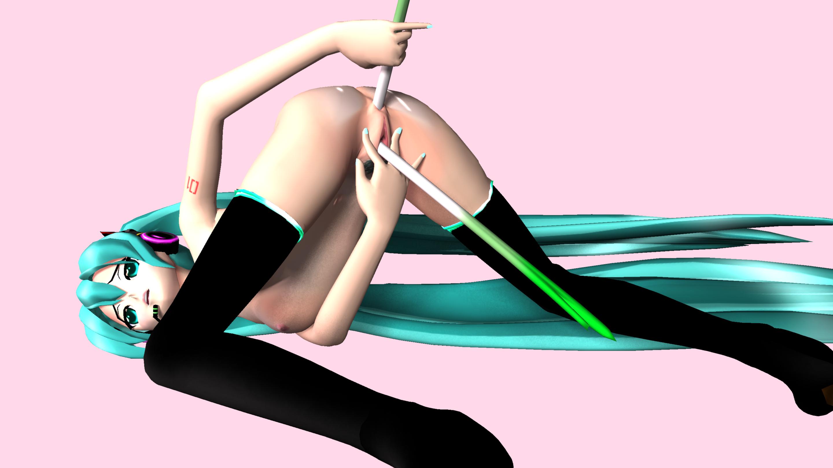 hatsune miku, vocaloid, highres, tagme, 1girl, 3d, anal, anus, ass, breasts, female focus, female masturbation, masturbation, nipples, pussy, simple background, solo, top-down bottom-up, uncensored, vaginal