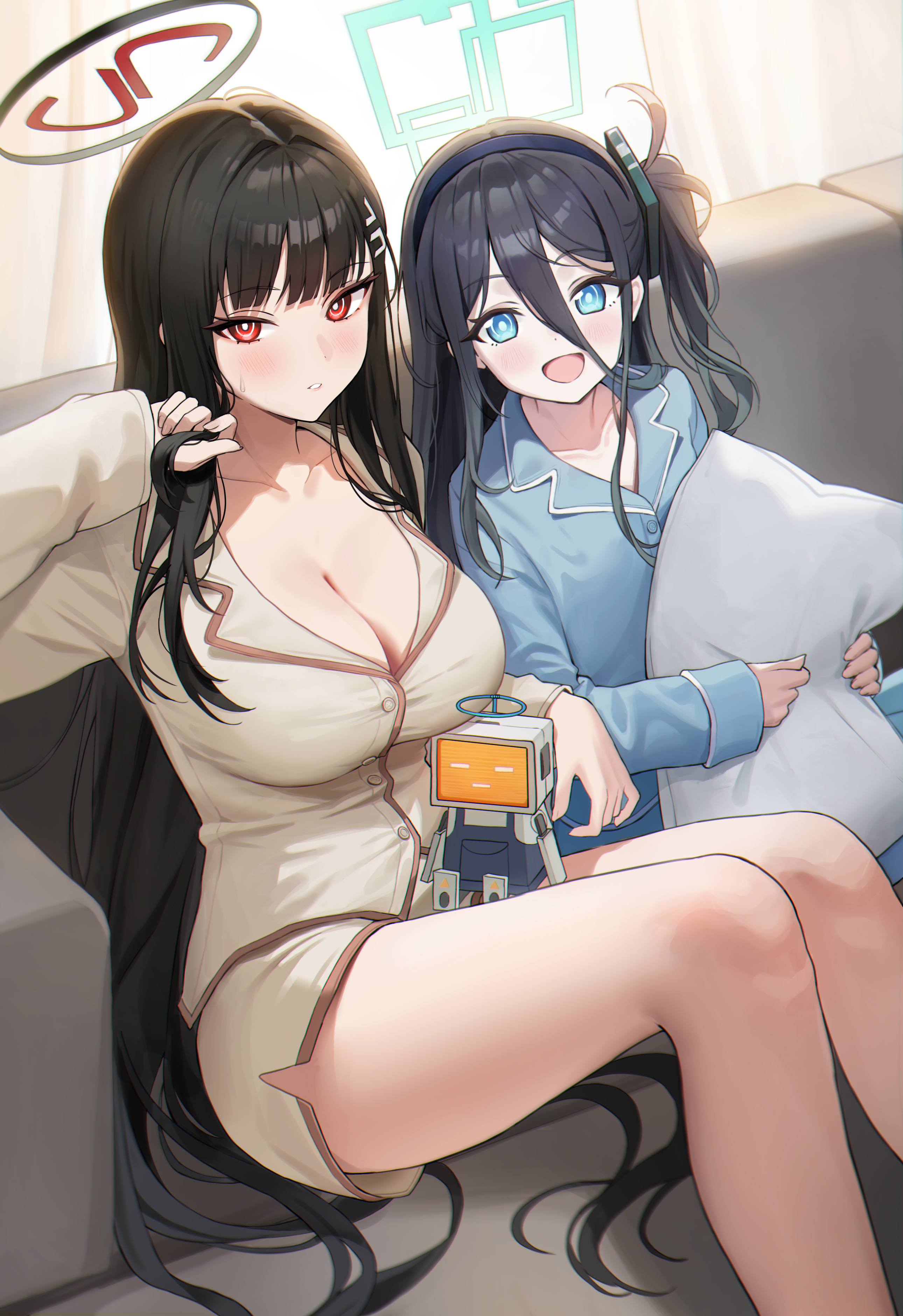 loloco, aris (blue archive), kei (robot) (blue archive), rio (blue archive), blue archive, absurdres, commentary, highres, 2girls, :d, :o, alternate costume, bare legs, black hair, blue eyes, blue pajamas, blush, breasts, bright pupils, cleavage, collarbone, couch, feet out of frame, hair between eyes, halo, indoors, large breasts, long hair, long hair between eyes, looking at viewer, multiple girls, on couch, one side up, open mouth, pajamas, red eyes, ringed eyes, shorts, side slit, side slit shorts, sitting, sleepwear, smile, straight hair, very long hair, white pajamas, white pupils
