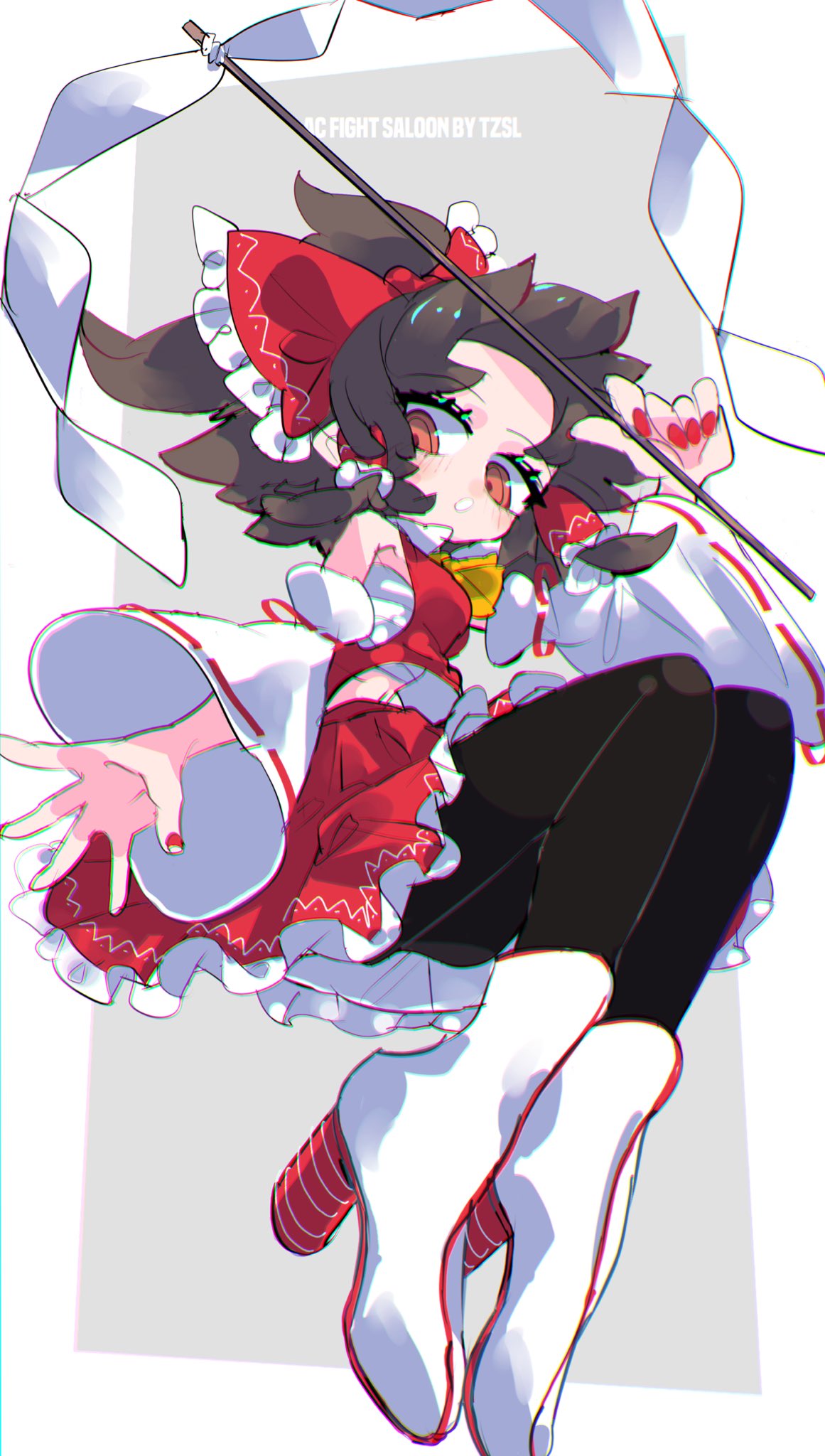 tsuru (nekopanchi), hakurei reimu, touhou, commentary, highres, symbol-only commentary, 1girl, ascot, black hair, black pantyhose, boots, bow, brown eyes, detached sleeves, frilled bow, frilled hair tubes, frilled skirt, frills, gohei, hair bow, hair tubes, high heel boots, high heels, holding, holding gohei, knees up, legs together, pantyhose, parted lips, red bow, red nails, red skirt, ribbon trim, signature, simple background, skirt, skirt set, solo, yellow ascot