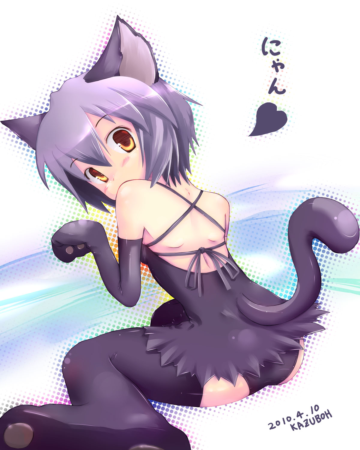 kazuboh, nagato yuki, acuo, suzumiya haruhi no yuuutsu, highres, md5 mismatch, 1girl, animal ears, brown eyes, cat ears, dress, female focus, grey hair, looking back, panties, paw pose, short hair, solo, thighhighs, underwear
