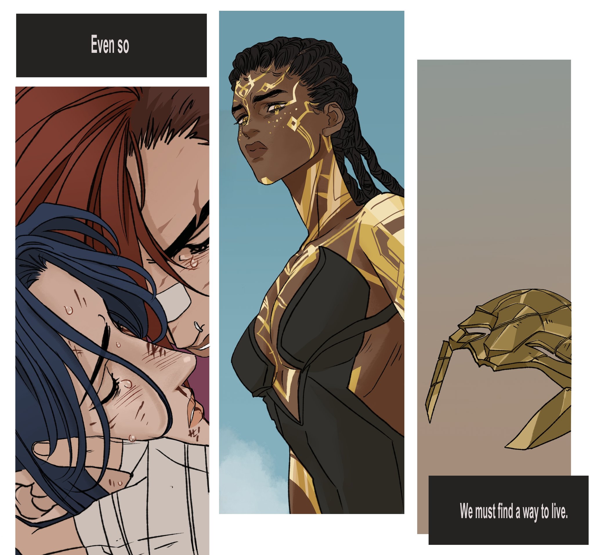 marceline2174, arcane caitlyn, arcane vi, caitlyn (league of legends), mel (league of legends), vi (league of legends), arcane: league of legends, league of legends, commentary, english commentary, highres, 3girls, armor, bandage on face, bandages, blue hair, breasts, brown hair, cleavage, close-up, closed eyes, closed mouth, clothing cutout, colored veins, couple, dark-skinned female, dark skin, dialogue box, dreadlocks, english text, female pov, formal clothes, from side, glitter, glitter makeup, gold armor, gold tattoo, injury, leaning forward, long hair, mask, medium breasts, multiple girls, outdoors, parted lips, pov, red hair, shade, shoulder plates, sideboob, standing, suit, very dark skin, yuri