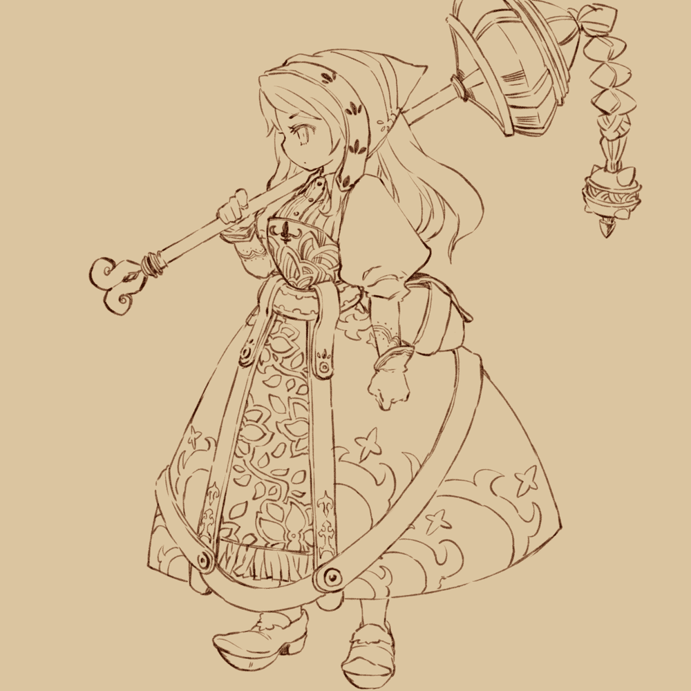 mota, original, 1girl, belt, female focus, full body, gloves, mace, monochrome, simple background, sketch, solo, weapon