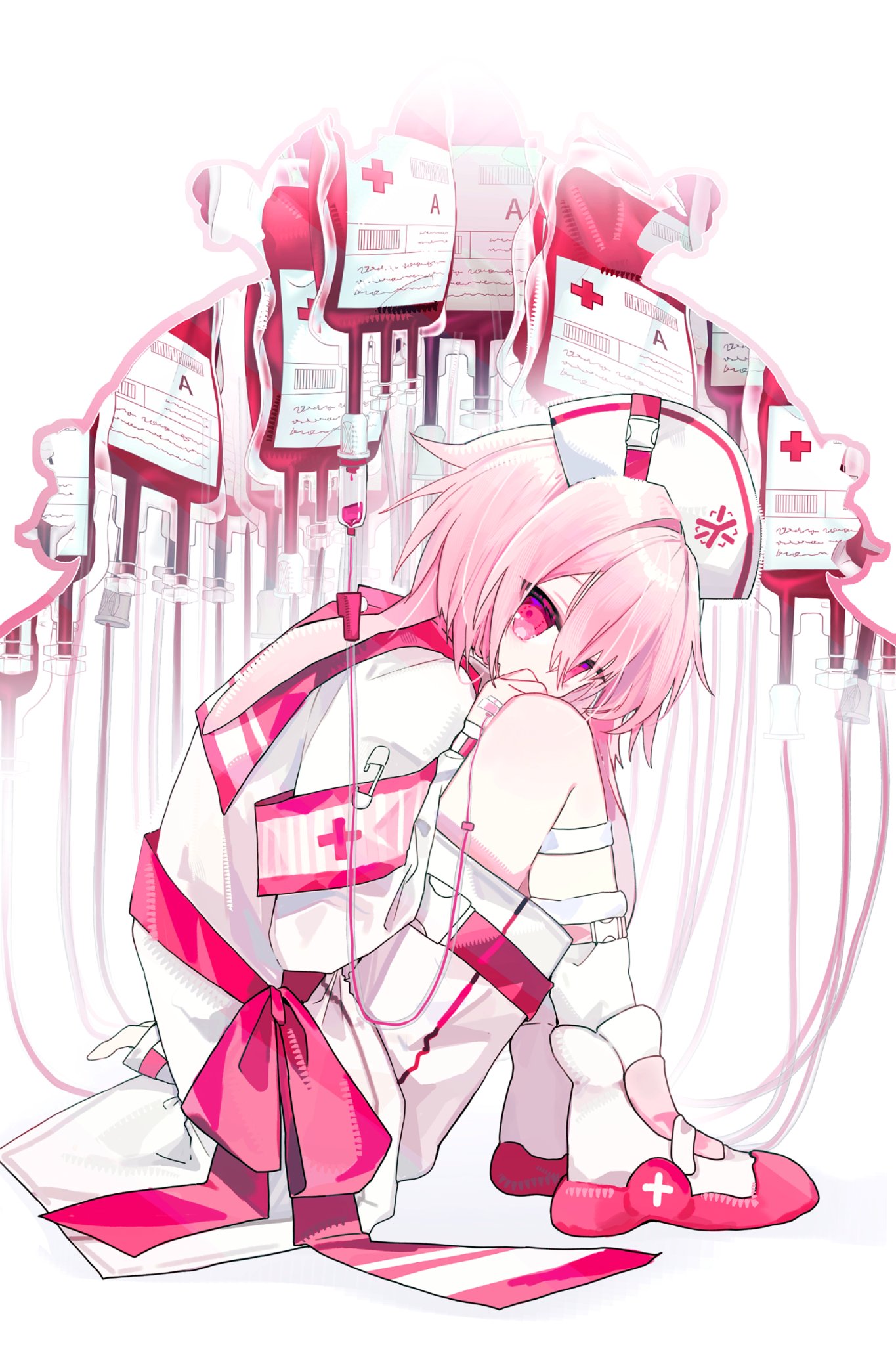 ansel (arknights), arknights, commentary, highres, symbol-only commentary, 1boy, alternate costume, animal ears, arm support, baoshi xiao niao, belt, blood, blood bag, crossdressing, full body, intravenous drip, looking at viewer, lop rabbit ears, male focus, pink hair, rabbit ears, red belt, red eyes, red shoes, safety pin, shirt, shoes, short hair, shorts, simple background, socks, solo, thigh strap, white background, white shirt, white shorts, white socks