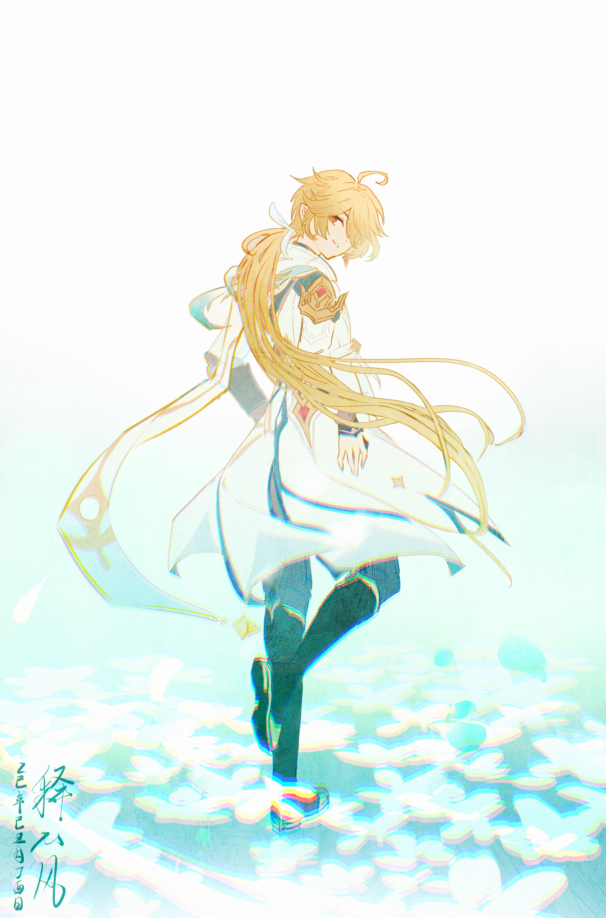 shixinfeng, aether (as heaven and earth are made anew) (genshin impact), aether (genshin impact), genshin impact, absurdres, chinese commentary, commentary request, highres, 1boy, ahoge, blonde hair, boots, chinese text, closed mouth, coat, from behind, full body, gloves, long hair, long sleeves, looking at viewer, looking back, low ponytail, male focus, pants, ponytail, solo, standing, very long hair, white coat, yellow eyes