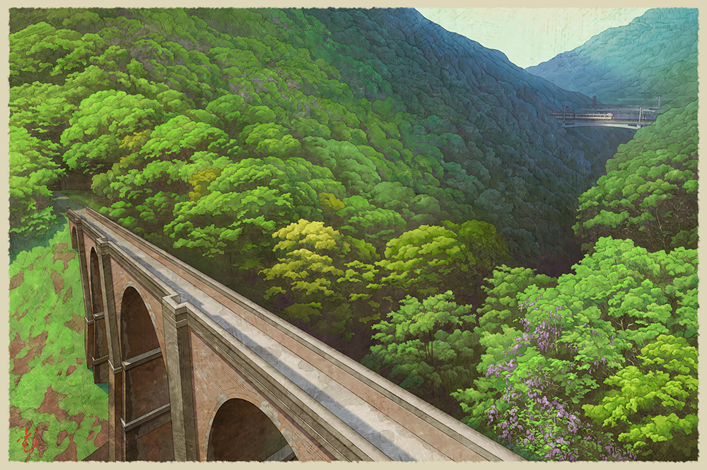 mugumo 24k, original, commentary request, revision, border, bridge, brown border, day, forest, gunma prefecture, landscape, mountain, nature, no humans, outdoors, ravine, real world location, scenery, sky, train, tree