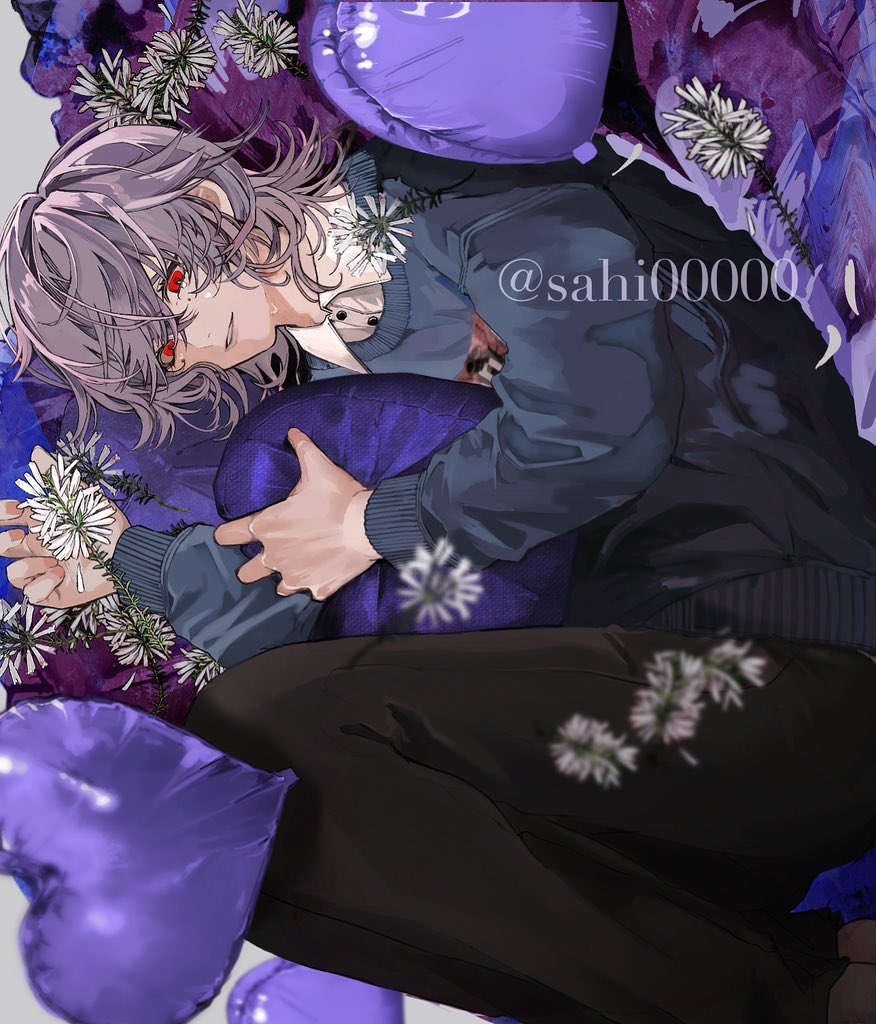 sahi00000, original, commentary request, 1boy, balloon, black pants, blue sweater, crossed bangs, feet out of frame, flower, hair between eyes, heart, heart-shaped pillow, heart balloon, hugging object, long sleeves, looking at viewer, lying, male focus, medium hair, pants, parted lips, pillow, pillow hug, purple hair, solo, sweater, white flower