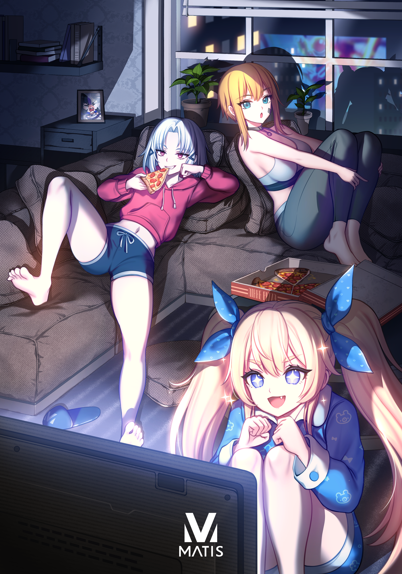 trhisell, drake (nikke), laplace (nikke), maxwell (nikke), syuen (nikke), goddess of victory: nikke, tokusatsu, commentary request, highres, korean commentary, revision, + +, 3girls, :3, alternate costume, barefoot, baton (weapon), black hair, blonde hair, blue eyes, book, bookshelf, bow, breasts, clenched hand, clenched hands, coffee table, couch, double-parted bangs, eating, fang, feet, food, hair bow, hair ribbon, hand on own face, holding, holding food, holding pizza, hood, hoodie, indoors, jacket, knees up, long hair, long sleeves, lying, matis (nikke), midriff, multicolored hair, multiple girls, navel, on back, on couch, open mouth, pajamas, pants, parted hair, picture frame, pizza, plant, potted plant, purple hair, red eyes, red hoodie, ribbon, short shorts, shorts, sidelocks, sitting, sleeveless, slice of life, slippers, snot, sports bra, streaked hair, table, television, thighs, tress ribbon, twintails, weapon, white hair, wind, yoga pants