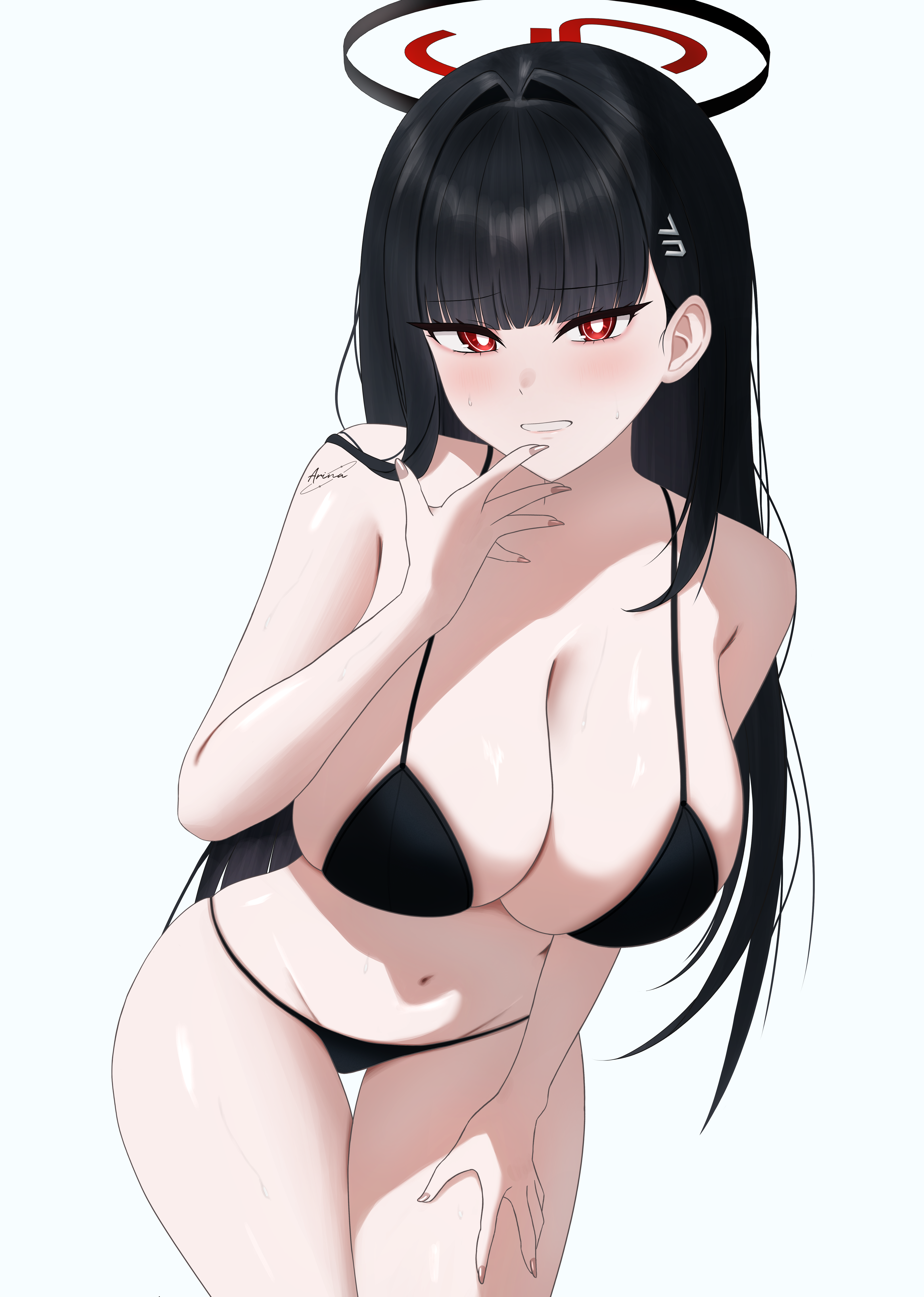 arina0x0, rio (blue archive), blue archive, absurdres, commentary request, highres, 1girl, bikini, black bikini, blunt bangs, blush, breasts, cleavage, hair ornament, hairclip, halo, large breasts, leaning forward, long hair, looking at viewer, navel, open mouth, red eyes, ringed eyes, simple background, solo, standing, sweat, sweatdrop, swimsuit, teeth, white background
