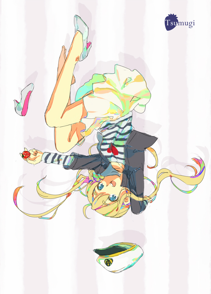 01 0219, kotobuki tsumugi, k-on!, listen!!, striped, bad id, bad pixiv id, 1girl, blonde hair, blue eyes, casual, female focus, food, fruit, full body, hat, high heels, long hair, lying, peaked cap, sailor hat, shoes, single shoe, skirt, solo, strawberry, unworn hat, unworn headwear