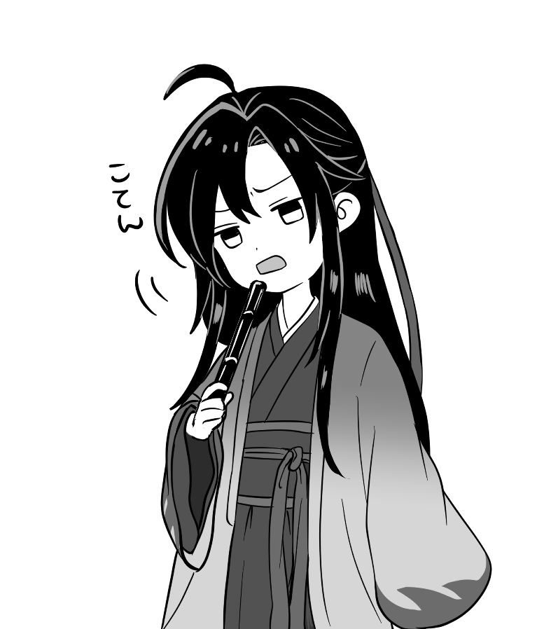 wei wuxian, wei wuxian (yiling laozu), modao zushi, commentary request, 1boy, ahoge, aslle, chenqing flute, chibi, chibi only, chinese clothes, coat, dizi, flute, greyscale, hair between eyes, hair down, hair ribbon, half updo, hand up, hanfu, holding, holding flute, holding instrument, instrument, long hair, long sleeves, monochrome, official alternate costume, official alternate hairstyle, open clothes, open coat, open mouth, parted bangs, ribbon, robe, sash, sidelocks, simple background, solo, standing, transverse flute, upper body, white background, wide sleeves