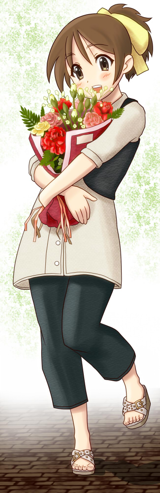chunpai, hirasawa ui, k-on!, 1girl, bouquet, brown eyes, brown hair, casual, female focus, flower, full body, ponytail, sandals, short hair, solo