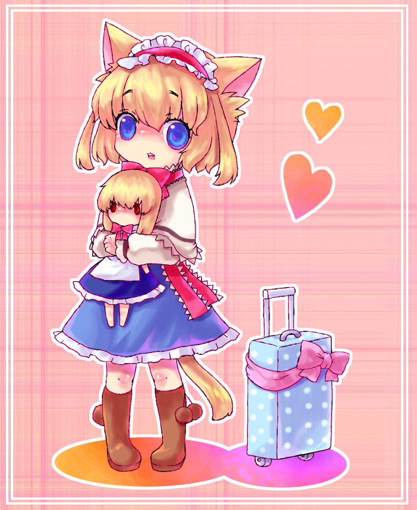 mogiki hayami, alice margatroid, shanghai doll, touhou, bad id, bad pixiv id, 1girl, animal ears, blonde hair, blue eyes, cat ears, cat girl, cat tail, doll, female focus, full body, hairband, kemonomimi mode, short hair, solo, standing, tail