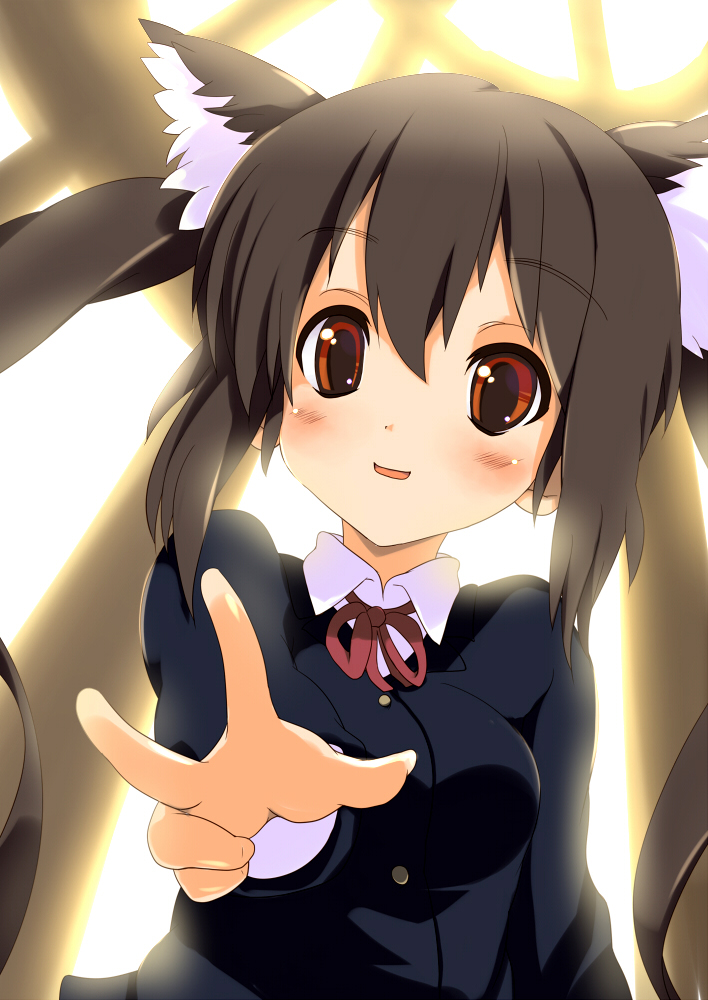 sora to umi, nakano azusa, k-on!, 1girl, animal ears, black hair, brown eyes, cat ears, cat girl, female focus, foreshortening, gradient background, long hair, neck ribbon, outstretched arm, outstretched hand, reaching, red ribbon, ribbon, school uniform, solo, twintails, v
