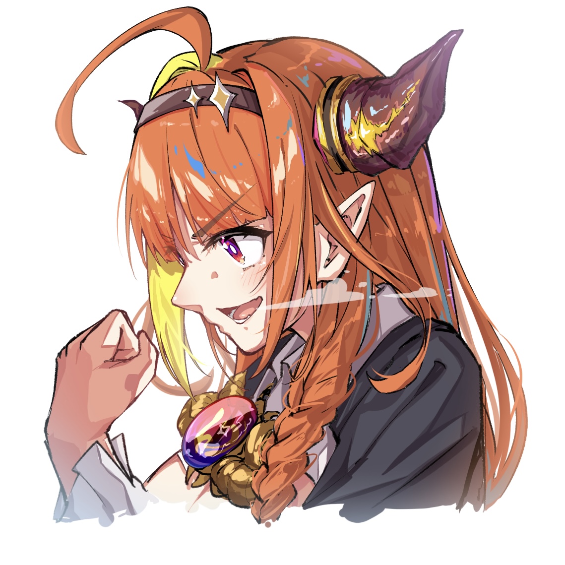 u da desu, kiryu coco, kiryu coco (1st costume), hololive, commentary request, 1girl, ahoge, black jacket, blonde streaks, dragon girl, dragon horns, horns, jacket, long hair, looking at viewer, multicolored hair, open mouth, orange hair, pointy ears, purple eyes, shirt, solo, streaked hair, very long hair, virtual youtuber, white shirt