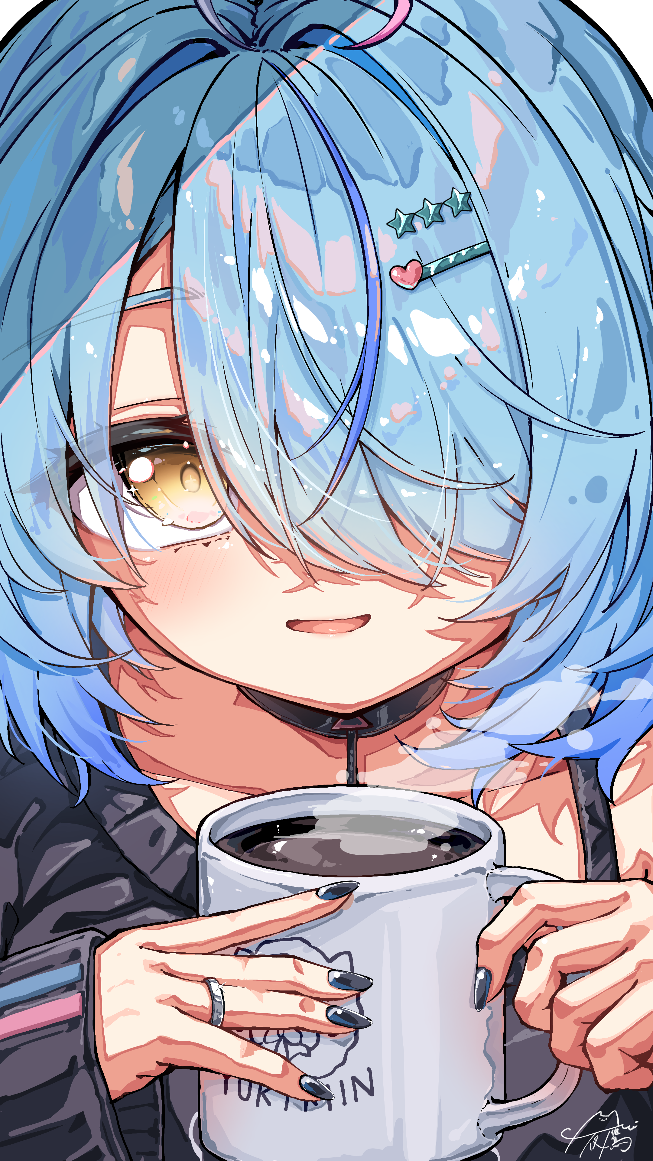 u da desu, yukihana lamy, yukihana lamy (cyber), hololive, absurdres, commentary request, highres, 1girl, ahoge, black nails, black sweater, blue eyes, blue streaks, coffee mug, cup, hair over one eye, heart, heart ahoge, holding, holding cup, jewelry, looking at viewer, mug, multicolored hair, nail polish, official alternate costume, open mouth, pink streaks, ring, smile, solo, streaked hair, sweater, virtual youtuber
