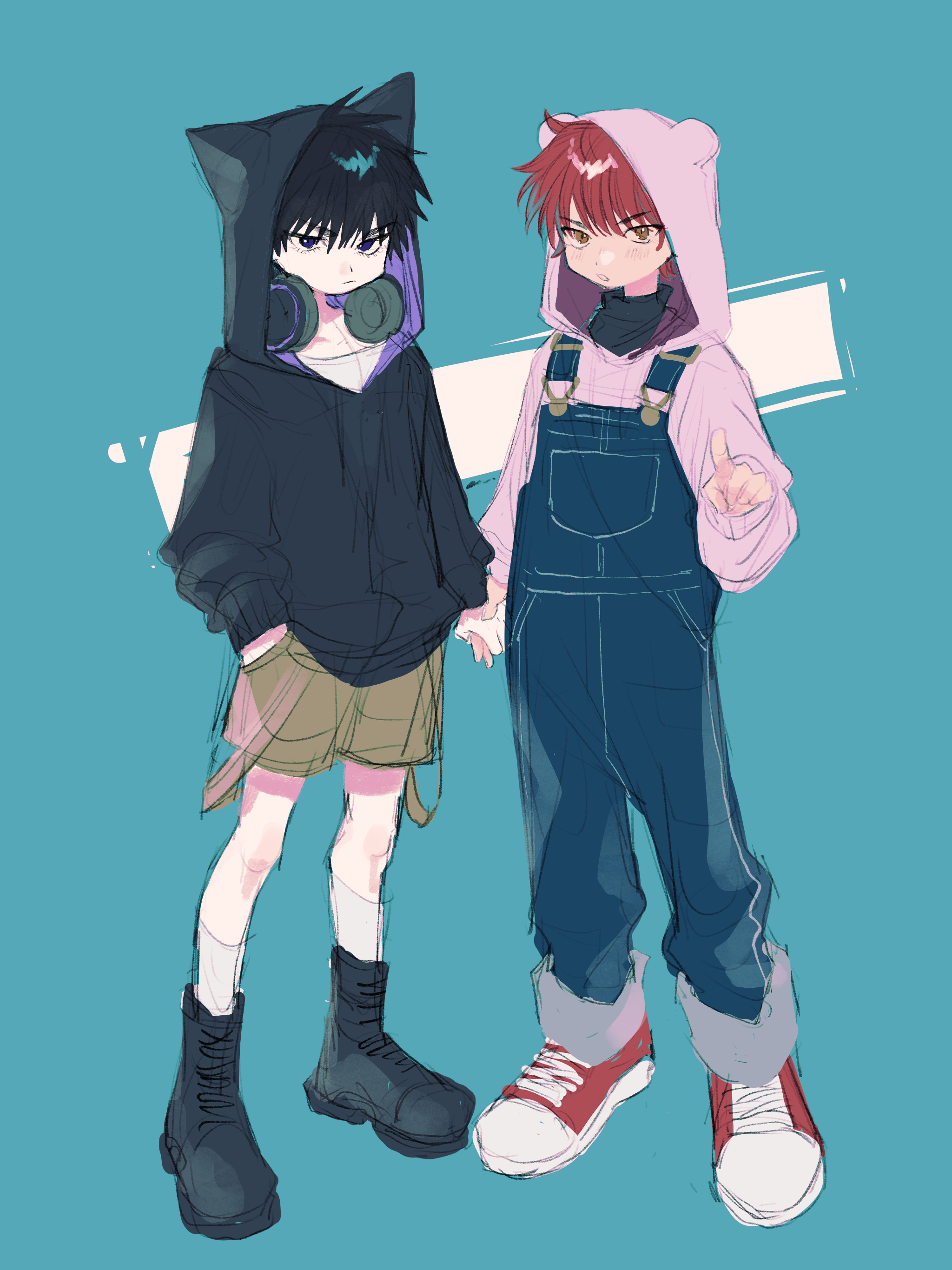 a nzi end, rukawa kaede, sakuragi hanamichi, slam dunk (series), absurdres, commentary request, highres, 2boys, aged down, black boots, black hair, black hoodie, blue overalls, boots, full body, hand in pocket, headphones, headphones around neck, hood, hood up, hoodie, looking at viewer, male focus, multiple boys, overalls, pink hoodie, red hair, shoes, sneakers