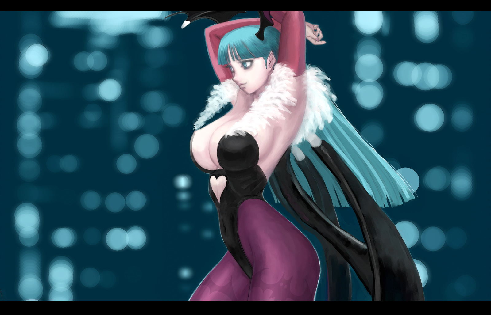 ark (morita hitomi), morrigan aensland, capcom, darkstalkers, highres, 1girl, animal print, arms behind head, arms up, bat print, breasts, cowboy shot, female focus, green eyes, green hair, head wings, large breasts, leotard, letterboxed, long hair, matching hair/eyes, pantyhose, print pantyhose, solo, wings