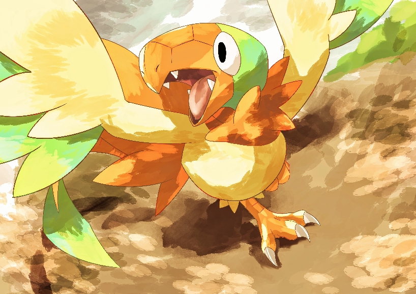 omega takai, archen, nintendo, pokemon, commentary request, black eyes, claws, full body, gen 5 pokemon, no humans, nostrils, open mouth, outdoors, path, pokemon (creature), road, solo, walking