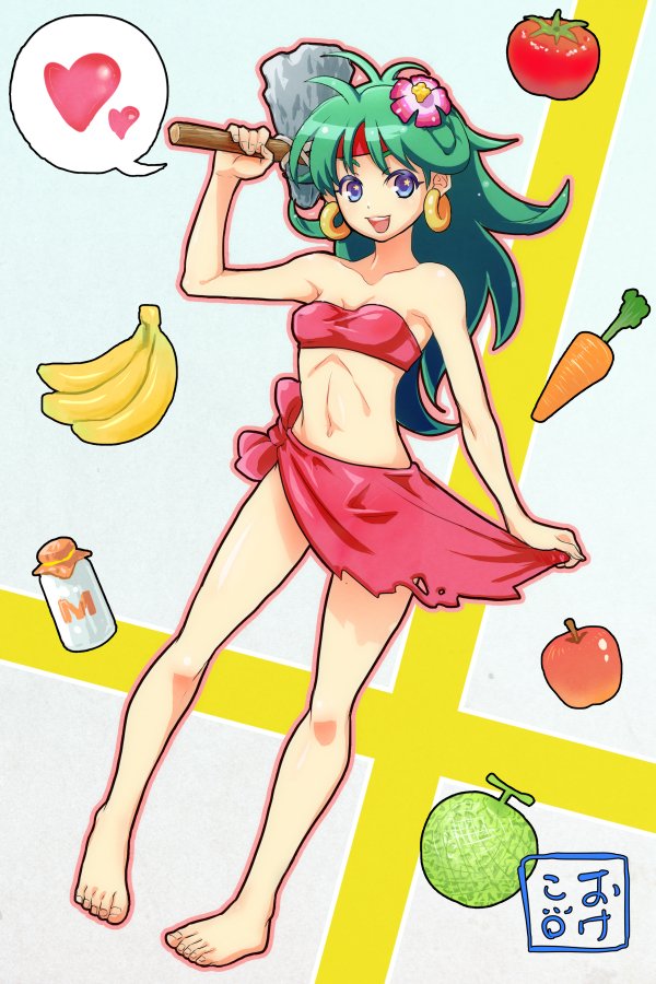 okeko, character request, copyright request, 1girl, apple, arm up, axe, banana, bare legs, barefoot, blue eyes, bottle, breasts, carrot, cleavage, dutch angle, earrings, flower, food, fruit, full body, green hair, hair between eyes, hair flower, hair ornament, happy, headband, heart, holding, holding axe, holding weapon, hoop earrings, jewelry, looking at viewer, melon, milk bottle, open mouth, outline, red headband, red tube top, signature, simple background, skinny, skirt, solo, speech bubble, spoken heart, strapless, tomato, torn clothes, torn skirt, tube top, weapon