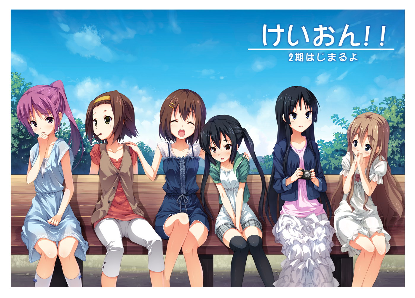 senji (artist), senji (tegone spike), akiyama mio, hirasawa yui, kotobuki tsumugi, miura akane (2ch), nakano azusa, tainaka ritsu, k-on!, 6+girls, ^ ^, bench, black eyes, black hair, blonde hair, blue eyes, blush, brown hair, casual, closed eyes, dress, food, hair ornament, hairband, hairclip, long hair, mouth hold, multiple girls, parody, pocky, ponytail, red eyes, sitting, thighhighs, twintails, zettai ryouiki