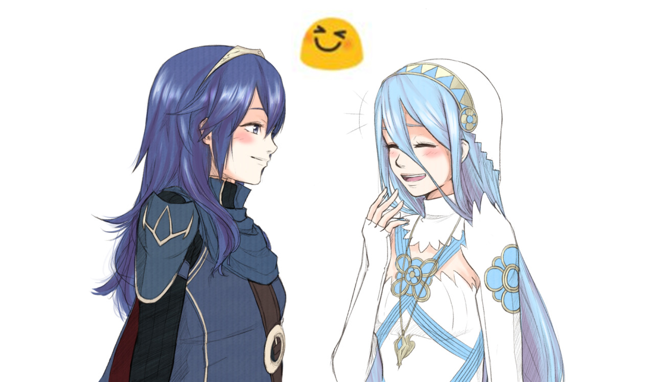 lithety, azura (fire emblem), lucina (fire emblem), fire emblem, fire emblem awakening, fire emblem fates, nintendo, 2girls, blue hair, breasts, closed eyes, closed mouth, elbow gloves, emoji, fingerless gloves, gloves, hair between eyes, happy, jewelry, looking at another, multiple girls, open mouth, pendant, small breasts, smile