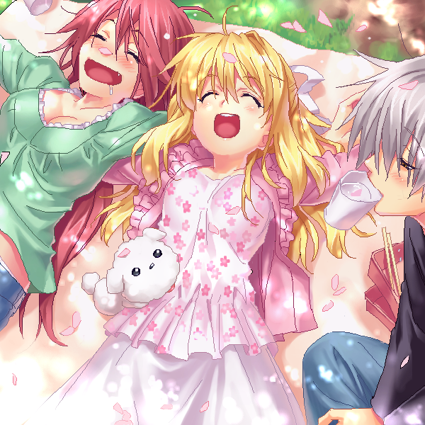 zen, kamio haruko, kamio misuzu, kunisaki yukito, potato (air), air (visual novel), silver hair, 00s, 1boy, 2girls, blonde hair, dog, drunk, hanami, long hair, lying, mouth hold, multiple girls, petals, red hair, saliva, short hair