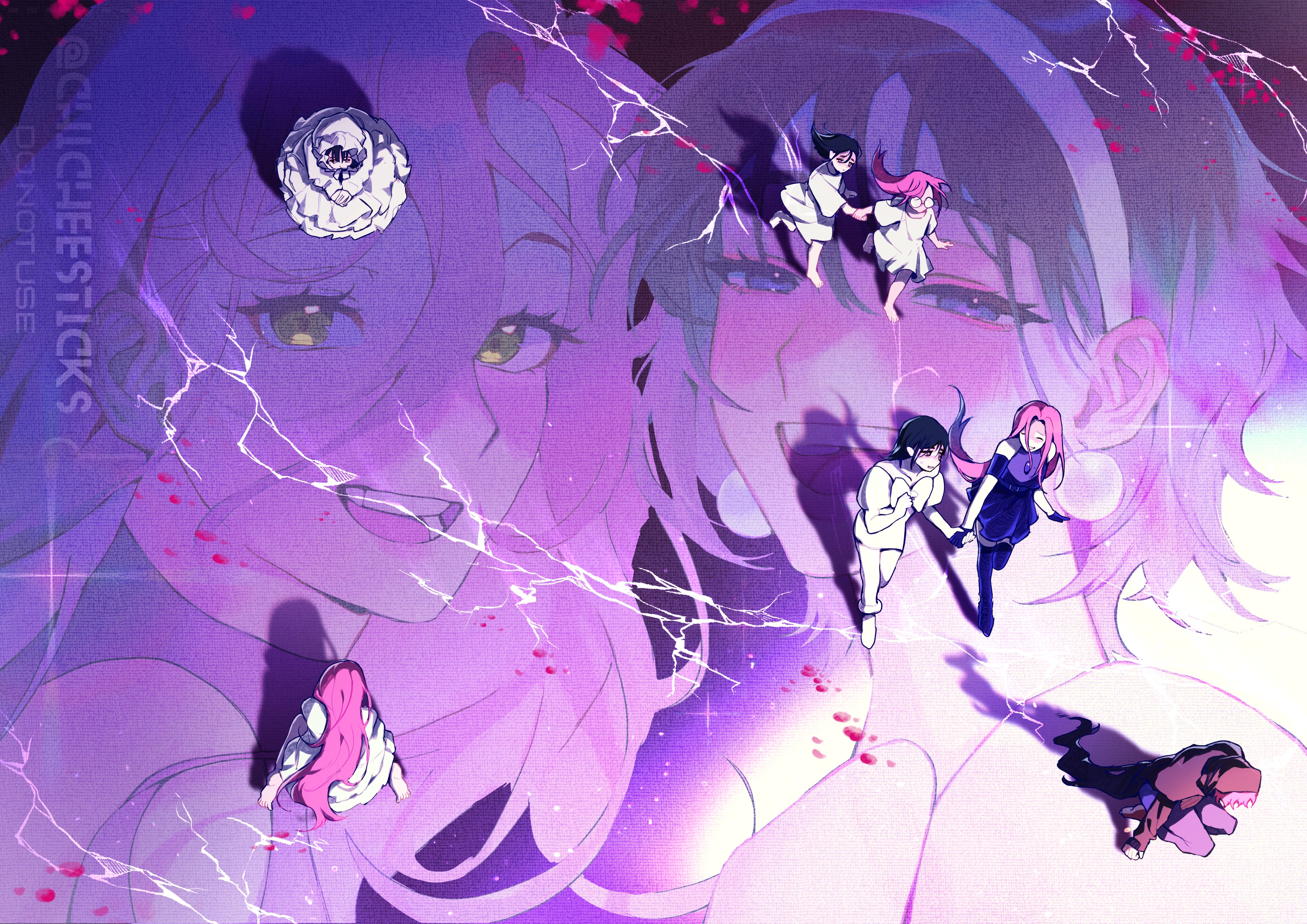 chicheesticks, mizi (alien stage), sua (alien stage), alien stage, absurdres, commentary, english commentary, highres, 2girls, artist name, black cloak, black dress, black gloves, black hair, blood, cloak, dress, earrings, glasses, gloves, hairband, holding hands, hood, hood up, hooded cloak, jewelry, long hair, multiple girls, pearl earrings, pink hair, purple eyes, short hair, sitting, sphere earrings, white dress, white gloves, white hairband, yellow eyes