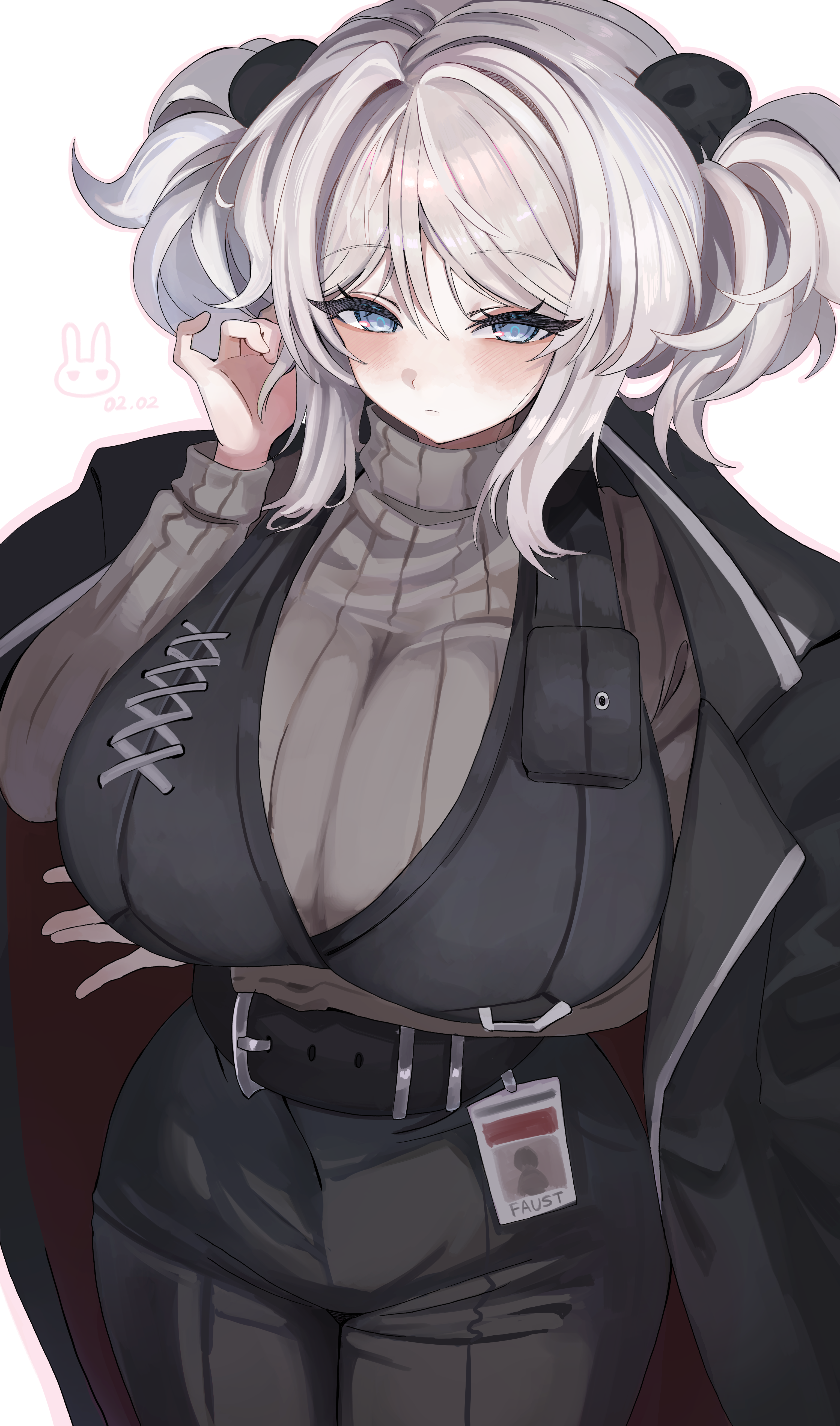 saeda8e, faust (project moon), limbus company, project moon, absurdres, commentary, highres, 1girl, alternate hairstyle, arm under breasts, belt, black belt, black coat, black pants, black vest, blue eyes, breasts, closed mouth, coat, coat on shoulders, cowboy shot, dated, expressionless, grey hair, grey sweater, hair ornament, huge breasts, id card, lcb uniform (project moon), long sleeves, looking at viewer, pants, playing with own hair, pouch, ribbed sweater, short twintails, simple background, skull hair ornament, solo, sweater, turtleneck, turtleneck sweater, twintails, vest, vest pouch, white background
