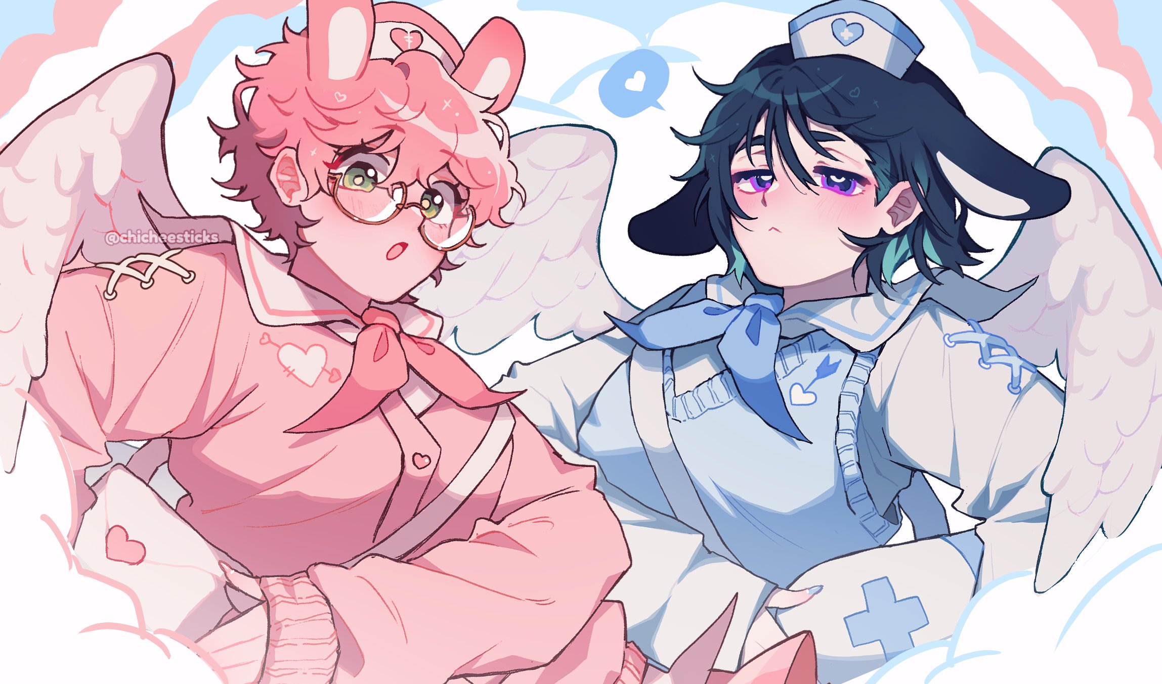 chicheesticks, mizi (alien stage), sua (alien stage), alien stage, commentary, english commentary, highres, 2girls, :o, alternate costume, angel wings, animal ears, artist name, black hair, blue neckerchief, blue sweater vest, cardigan, closed mouth, glasses, green eyes, hat, heart, multiple girls, neckerchief, nurse cap, open mouth, pink cardigan, pink hair, pink neckerchief, purple eyes, rabbit ears, rabbit girl, sailor collar, shirt, short hair, spoken heart, sweater vest, very short hair, white bag, white sailor collar, white shirt, white wings, wings