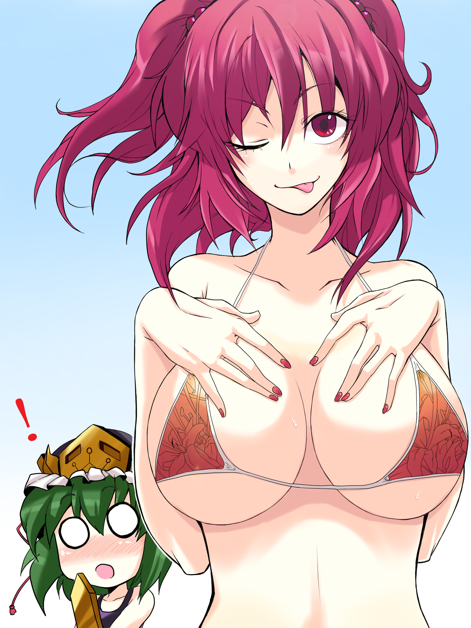 ooike teru, onozuka komachi, shiki eiki, touhou, highres, 2girls, ;p, bikini, blush, breasts, breasts apart, cleavage, female focus, green hair, hair bobbles, hair ornament, hat, large breasts, multiple girls, nail polish, one eye closed, red eyes, red hair, short hair, swimsuit, tongue, tongue out, twintails, two side up, wink
