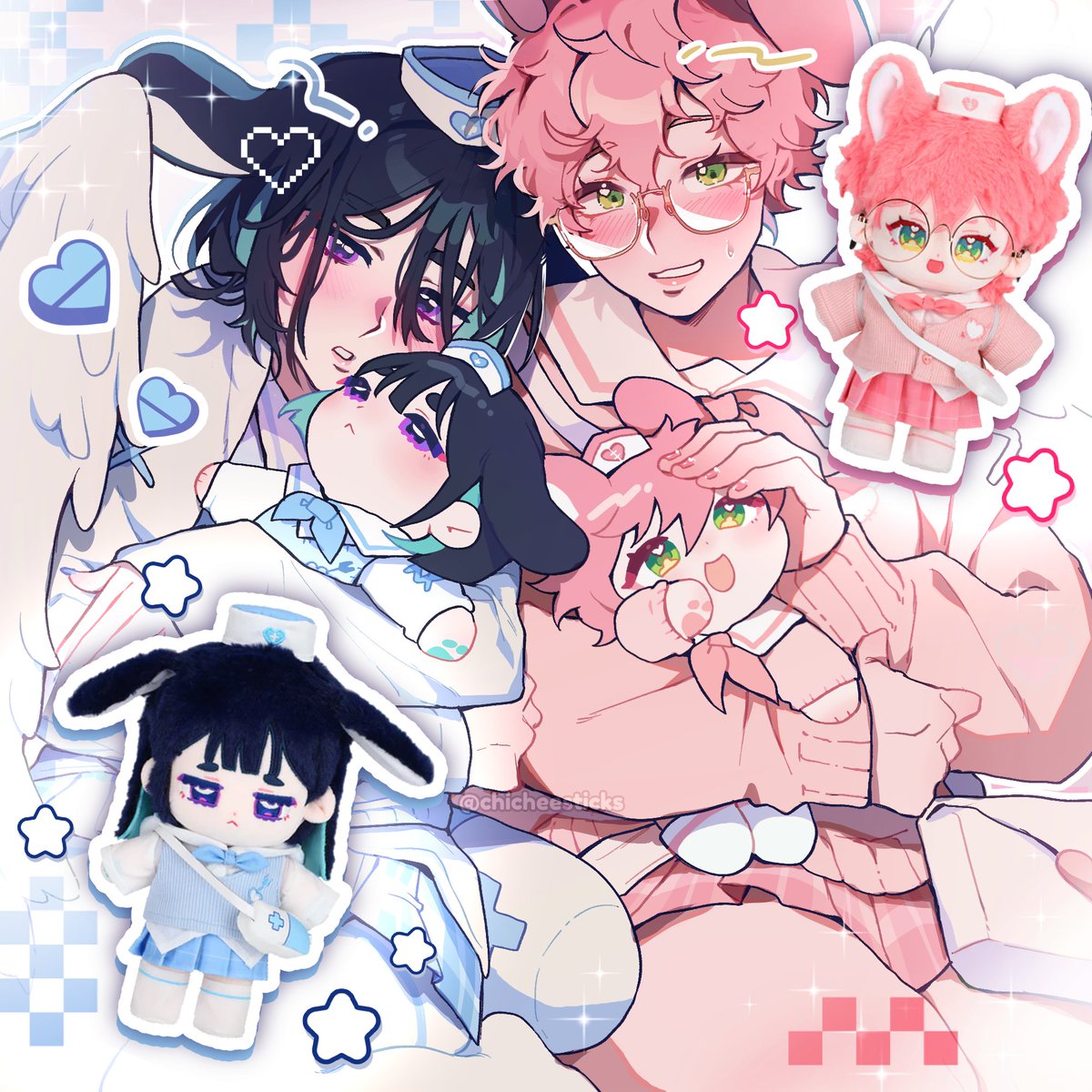 chicheesticks, mizi (alien stage), sua (alien stage), alien stage, commentary, english commentary, highres, 2girls, alternate costume, angel wings, bag, black hair, blue skirt, blue sweater, cardigan, character doll, doll, glasses, green eyes, hat, heart, holding, holding doll, multiple girls, nurse cap, pink cardigan, pink hair, pink skirt, purple eyes, sailor collar, short hair, shoulder bag, skirt, star (symbol), sweater, very short hair, white bag, white sailor collar, white wings, wings