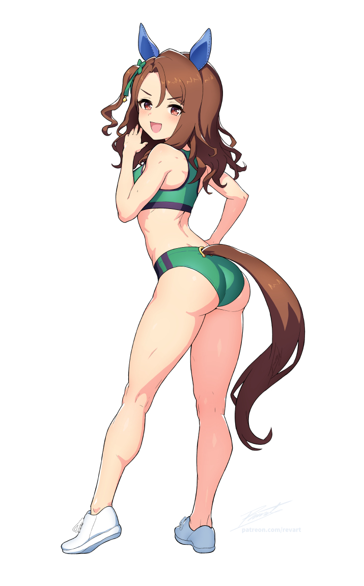 revenantart, king halo (umamusume), umamusume, commentary, english commentary, 1girl, animal ears, ass, blush, brown hair, brown tail, buruma, ear covers, from behind, full body, green buruma, green sports bra, hair ornament, hand on own hip, horse ears, horse girl, horse tail, kneepits, legs, looking at viewer, looking back, medium hair, midriff, nose blush, one side up, open mouth, red eyes, shoes, signature, simple background, smile, solo, sports bra, standing, tail, thighs, v-shaped eyebrows, white background, white shoes