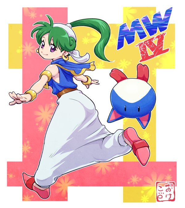 okeko, asha (monster world), pepelogoo, monster world, monster world iv, wonder boy, gold armlet, 1girl, armlet, asha in monster world, baggy pants, bracelet, capelet, creature, earrings, english text, facing to the side, green hair, harem pants, headscarf, hoop earrings, jewelry, looking at viewer, looking back, monster, outstretched arms, pants, pink shoes, pointy shoes, ponytail, purple eyes, running, shoes, signature, simple background, smile, title, waistband