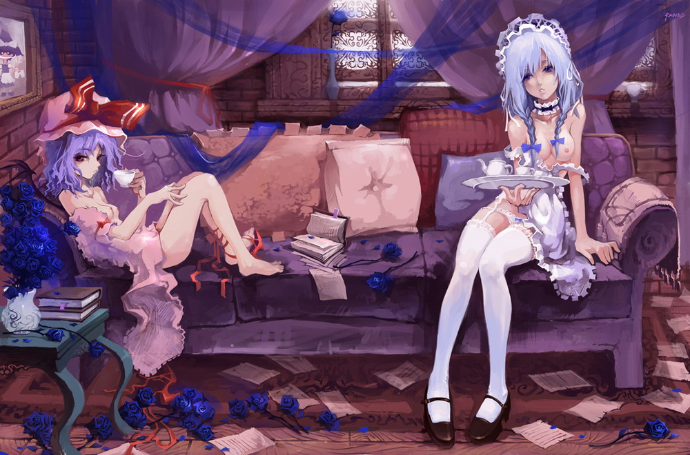 rained, izayoi sakuya, kirisame marisa, remilia scarlet, touhou, light purple hair, silver hair, 3girls, ankle lace-up, apron, barefoot, bat wings, blue eyes, blue flower, blue rose, book, bookmark, bottomless, braid, breasts, choker, couch, cup, curtains, cushion, female focus, flower, garter belt, hat, maid, maid apron, messy room, multiple girls, naked apron, nipples, no bra, photo (object), red eyes, rose, shoes, short hair, single shoe, teacup, teapot, thighhighs, tray, twin braids, white thighhighs, wings
