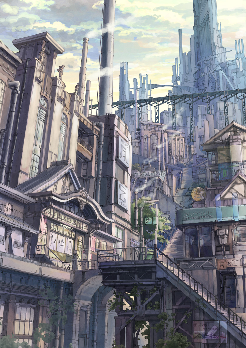 k kanehira, original, highres, architecture, building, city, grand scale, no humans, scenery, skyscraper, smokestack, stairs