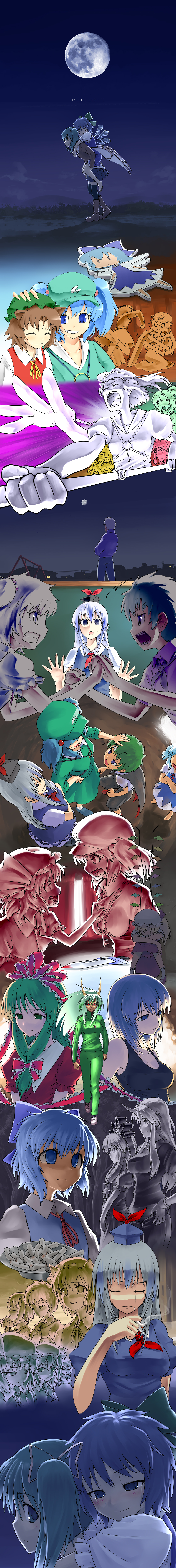 ebizome, chen, cirno, daiyousei, ex-keine, flandre scarlet, hakurei reimu, hoshiguma yuugi, inaba tewi, izayoi sakuya, kagiyama hina, kamishirasawa keine, kawashiro nitori, mystia lorelei, nagae iku, remilia scarlet, rumia, shinki (touhou), wriggle nightbug, yakumo yukari, mystic square, touhou, touhou (pc-98), silver hair, absurdres, character request, highres, long image, tall image, 6+girls, :<, alternate costume, androgynous, angry, animal ears, ashtray, bandages, barefoot, blonde hair, blood, blue eyes, blue hair, blush, bow, breasts, brown hair, carrying, casual, cat ears, chalkboard, chop, cigarette, cleavage, clenched hand, closed eyes, clothes grab, collar grab, collarbone, crossed arms, cuffs, curtains, denim, fangs, foreshortening, frills, from above, full moon, grabbing another's shirt, green eyes, green hair, gym uniform, hair bobbles, hair bow, hair ornament, hair ribbon, hand on own hip, hat, headpat, hip focus, horns, hugging own legs, jacket, jeans, key, knife, large breasts, long hair, mary janes, mechanical arms, moon, multiple girls, necktie, neckwear grab, night, o o, own hands clasped, own hands together, pants, piggyback, rabbit ears, red eyes, ribbon, shackles, shoes, short hair, side ponytail, single horn, single mechanical arm, sitting, skirt, sky, smile, smoking, sweatdrop, swing, table, tank top, team 9 (touhou), tears, thighhighs, throwing knife, tree, veins, weapon, whistle, window, wings