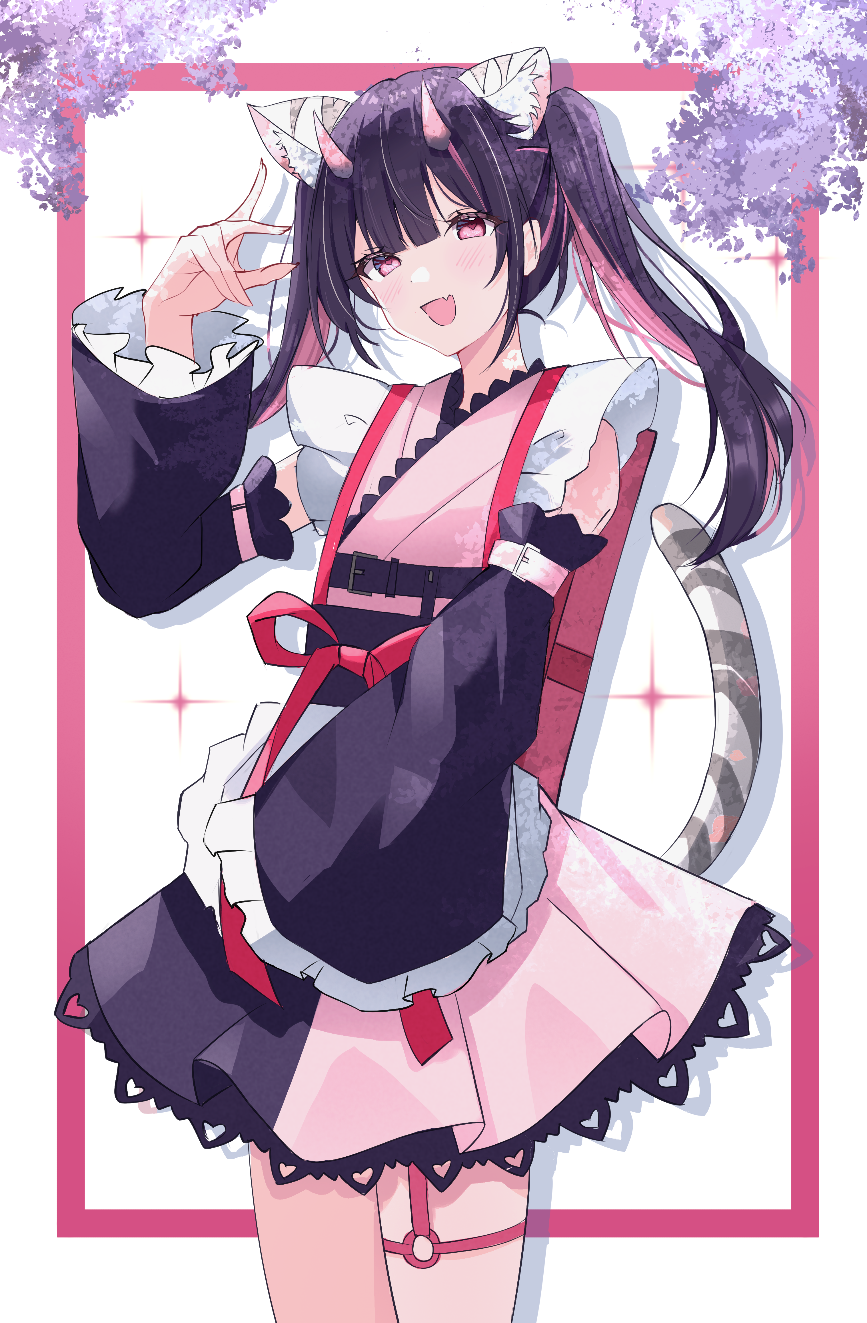 liyaku, komazawa noi, cho kaguya-hime!, absurdres, commentary request, highres, 1boy, animal ear fluff, animal ears, black hair, blush, bow, cowboy shot, detached sleeves, double-parted bangs, dress, fang, flower, frilled dress, frills, hand up, horns, long sleeves, looking at viewer, multicolored hair, o-ring, o-ring thigh strap, open mouth, pink eyes, pink hair, red ribbon, ribbon, skin-covered horns, skin fang, strap, thigh strap, trap, twintails, two-tone dress, two-tone hair
