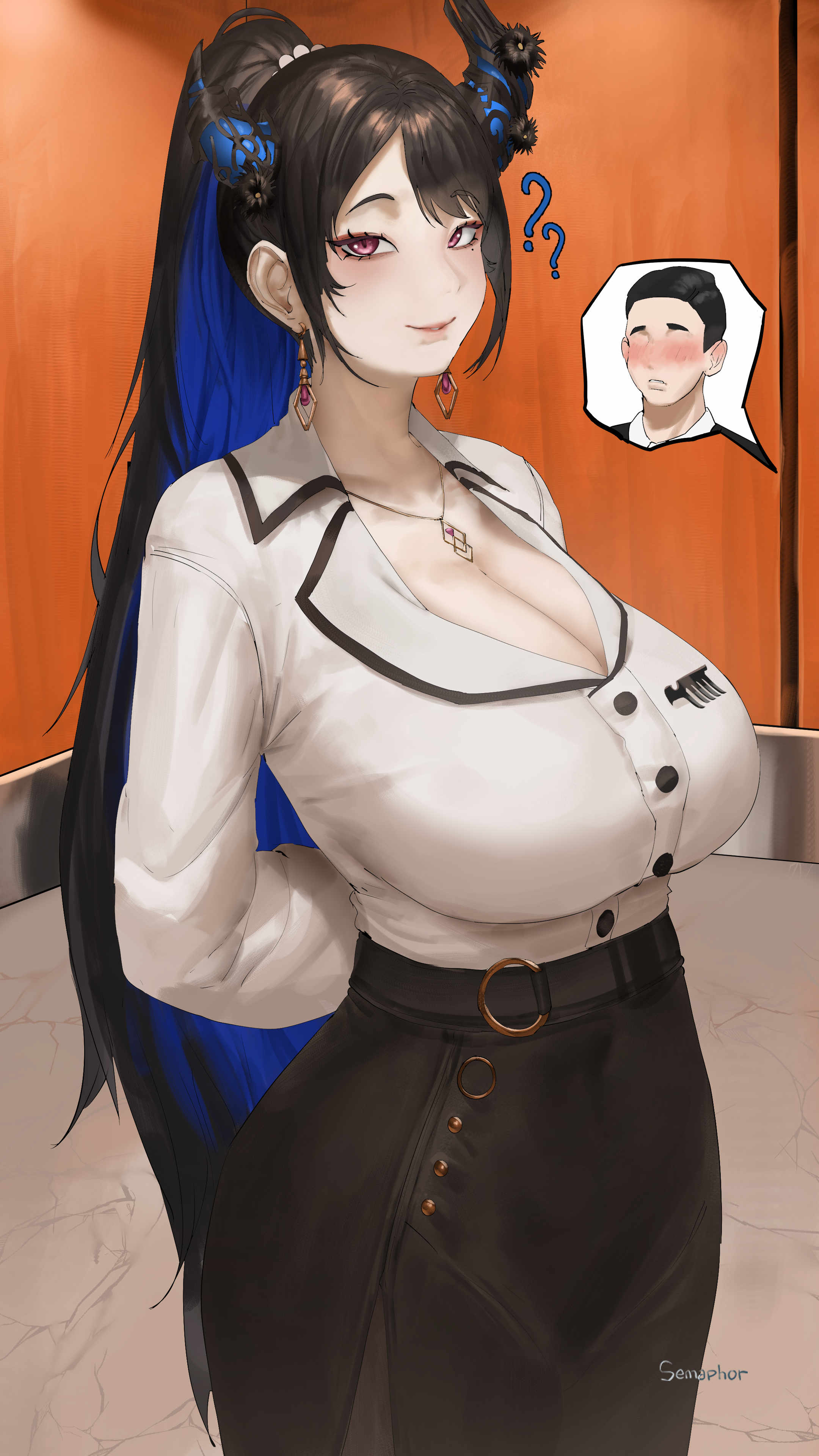 semasemaphor, nerissa ravencroft, nerissa ravencroft (casual), hololive, hololive english, absurdres, commentary, english commentary, highres, 1boy, 1girl, arms behind back, artist name, asymmetrical horns, belt, black belt, black hair, black horns, black pantyhose, black skirt, blue hair, blush, breasts, cleavage, collared shirt, colored inner hair, demon horns, earrings, flower, high ponytail, horn flower, horns, huge breasts, jewelry, long hair, long skirt, looking to the side, low neckline, mole, mole under eye, multicolored hair, necklace, office lady, official alternate hair length, official alternate hairstyle, pantyhose, parted bangs, pencil skirt, pink eyes, ponytail, shirt, shirt tucked in, short hair, skirt, smile, split-color hair, standing, two-tone hair, uneven horns, very long hair, virtual youtuber, white shirt