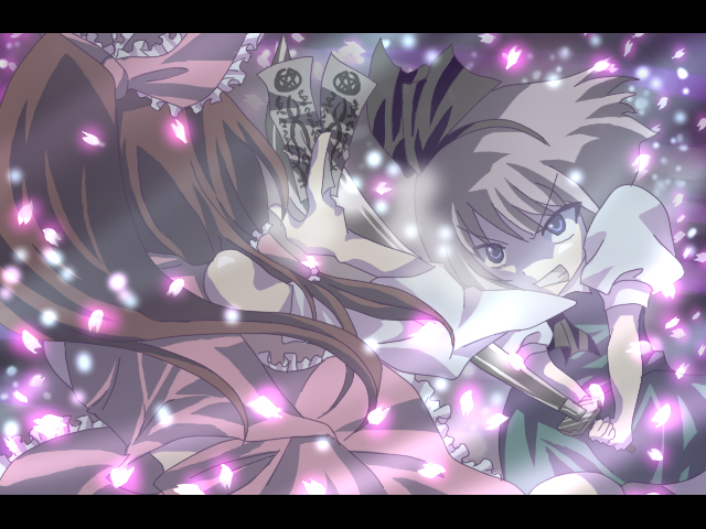 kochikaze, hakurei reimu, konpaku youmu, touhou, bad id, bad pixiv id, 2girls, action, back, battle, clenched teeth, female focus, glowing, katana, letterboxed, multiple girls, ofuda, petals, sword, teeth, weapon