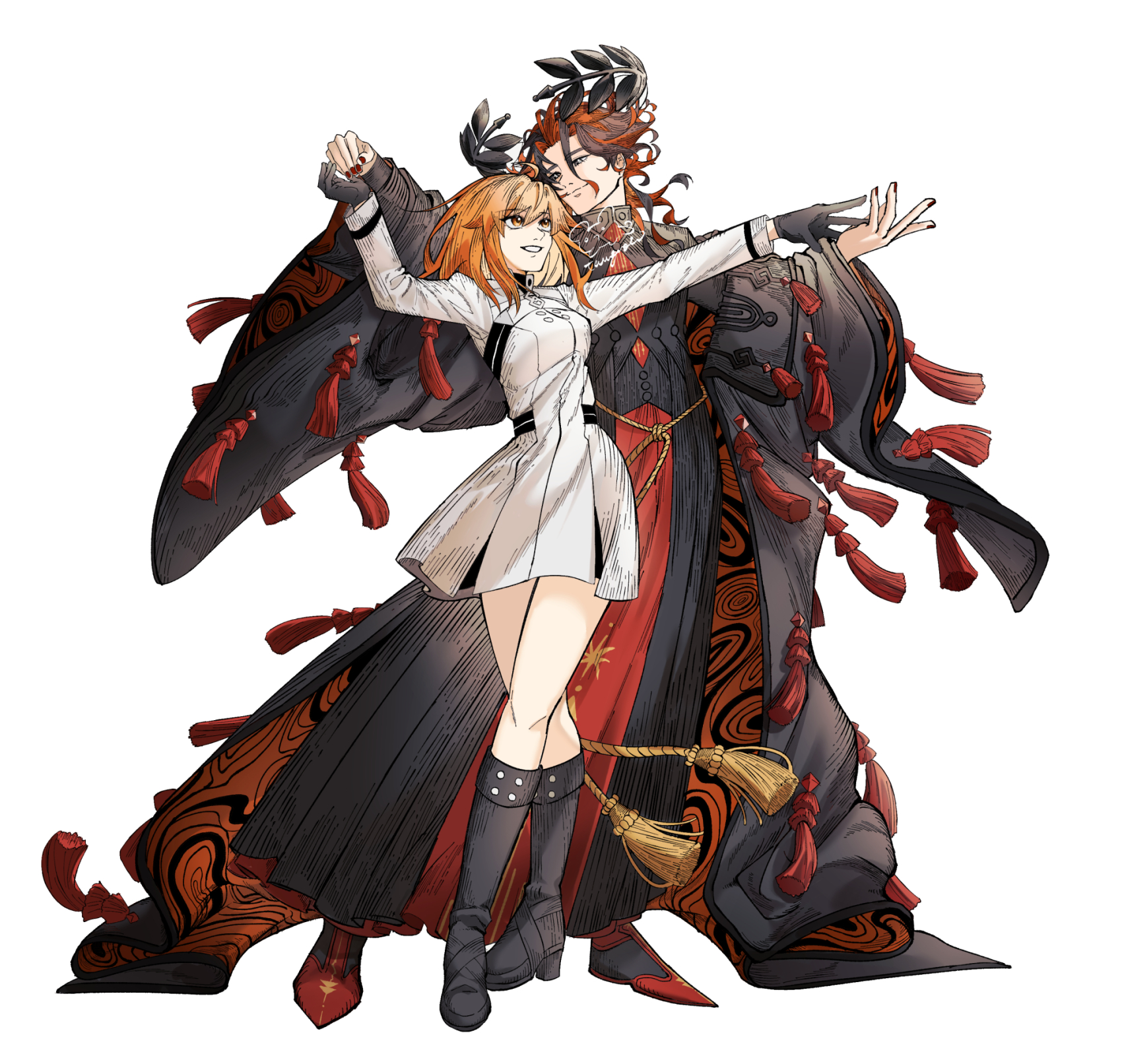 dante alighieri (fate), dante alighieri (third ascension) (fate), fujimaru ritsuka (female), fujimaru ritsuka (female) (decisive battle chaldea uniform), fate/grand order, fate (series), commentary request, highres, 1boy, 1girl, ahoge, black gloves, black hair, black robe, crown, curly hair, dancing, dress, eye contact, facing another, floating crown, full body, gloves, grey eyes, holding hands, jacket, laurel crown, long sleeves, looking at another, male focus, medium hair, multicolored hair, orange eyes, orange hair, red hair, robe, smile, tawagoto1032, torn clothes, torn coat, two-tone hair, waltz (dance), white dress, white jacket