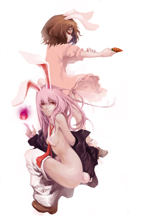 rained, inaba tewi, reisen udongein inaba, touhou, 2girls, animal ears, blazer, breasts, brown hair, carrot, censored, convenient censoring, dress, female focus, hair over breasts, jacket, long hair, medium breasts, multiple girls, necktie, pink hair, profile, rabbit ears, rabbit girl, rabbit tail, red eyes, red necktie, short hair, tail, undressing