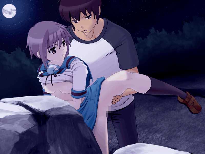 kyon, nagato yuki, suzumiya haruhi no yuuutsu, artist request, black socks, breasts, censored, clothes lift, grass, kneehighs, leg lift, moon, purple hair, school uniform, sex, shirt lift, short hair, socks, tree, vaginal