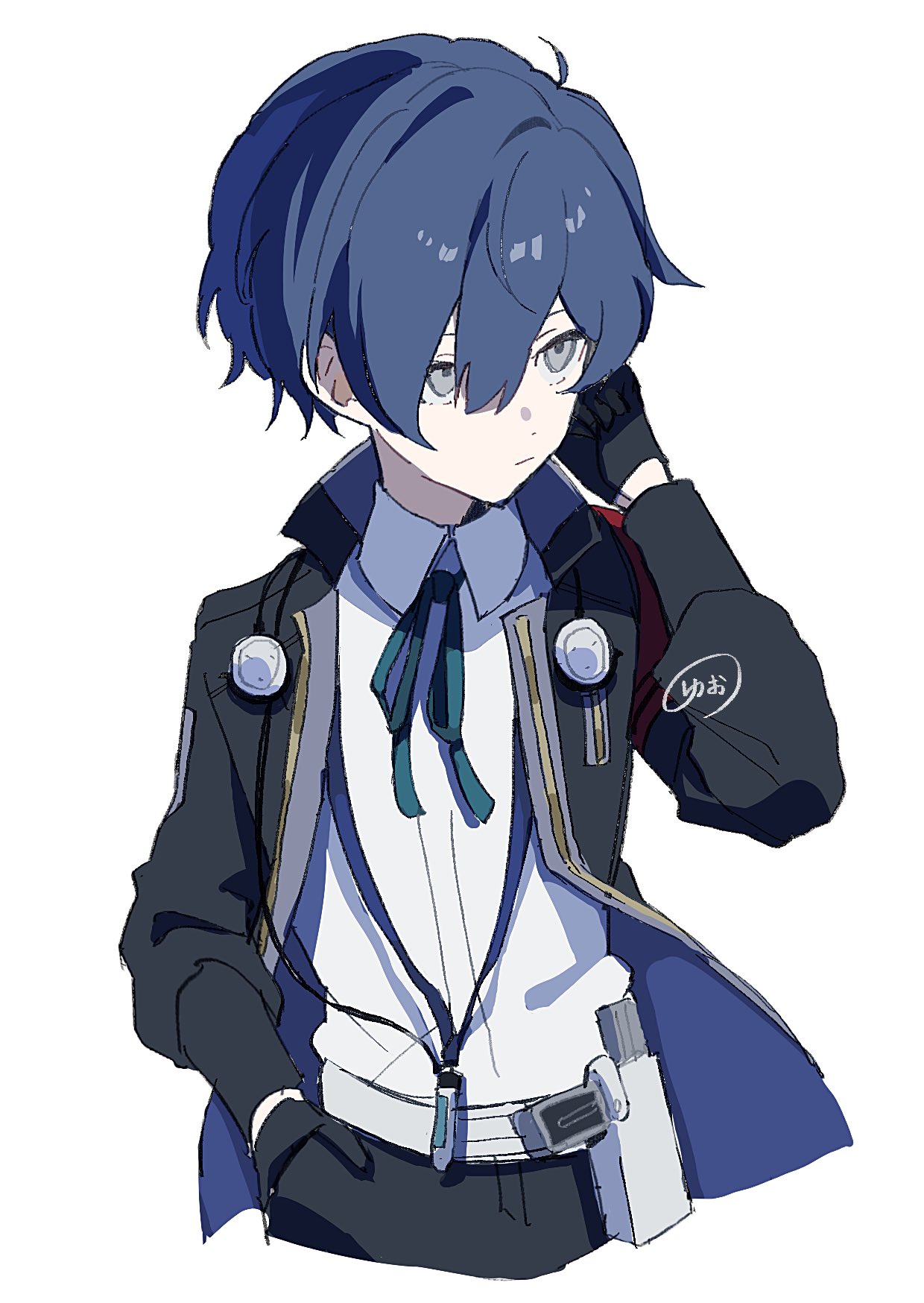 nodoka906, yuuki makoto (persona 3), persona, persona 3, highres, 1boy, arm up, black gloves, black pants, blue hair, closed mouth, collared shirt, cropped legs, frown, gloves, grey eyes, hair between eyes, hand in pocket, jacket, long sleeves, looking to the side, male focus, neck ribbon, open clothes, open jacket, pants, parted bangs, ribbon, shirt, shirt tucked in, sideways glance, simple background, solo, suit jacket, white background, white shirt, wing collar