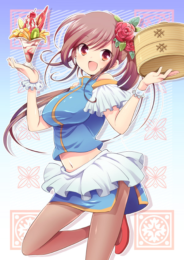 hiroichi, original, bad id, bad pixiv id, 1girl, bamboo steamer, bare shoulders, breasts, brown eyes, brown hair, chinese clothes, female focus, flower, food, hair flower, hair ornament, ice cream, long hair, midriff, miniskirt, navel, open mouth, pantyhose, parfait, ponytail, red eyes, side slit, skirt, smile, solo, waitress, wrist cuffs