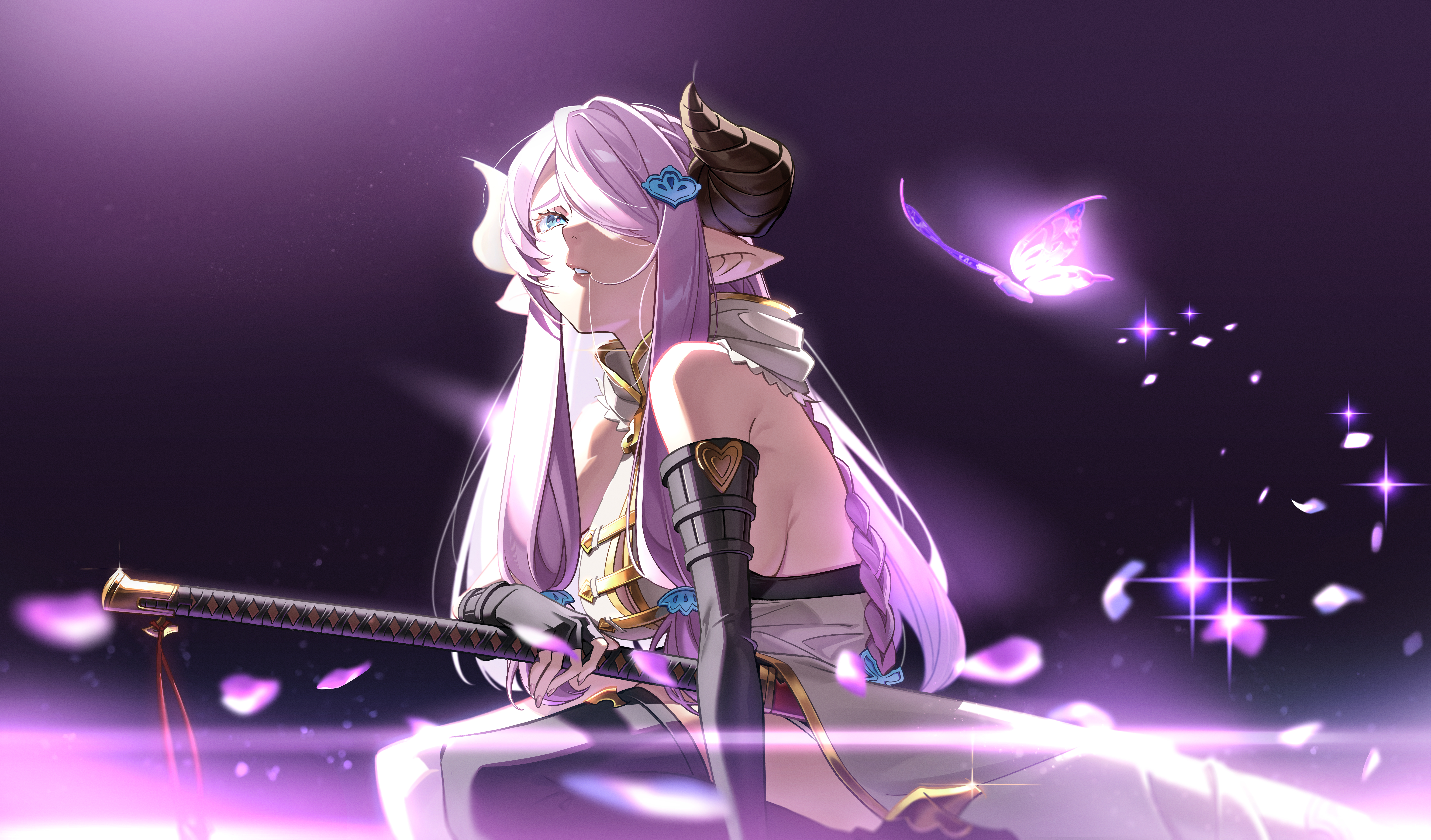 ryoyu (ryoyustarlight), narmaya (granblue fantasy), granblue fantasy, absurdres, commentary request, highres, bare shoulders, black gloves, black thighhighs, blush, braid, breasts, bug, butterfly, butterfly hair ornament, butterfly ornament, dark background, draph, fingerless gloves, gloves, gold trim, hair ornament, heart ornament, high heels, holding, holding weapon, horns, insect, katana, large breasts, long hair, one eye covered, open mouth, pink hair, sideboob, sparkle, sword, thighhighs, thighs, weapon