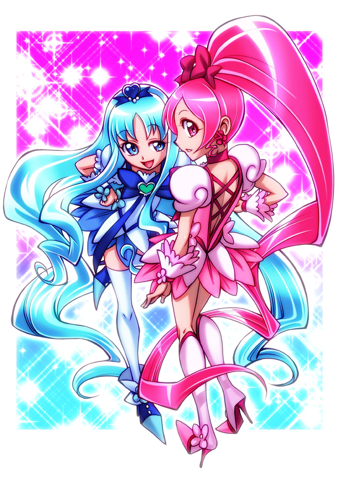 chiba toshirou, cure blossom, cure marine, hanasaki tsubomi, kurumi erika, heartcatch precure!, precure, 10s, 2girls, blue eyes, blue hair, blue skirt, boots, bow, brooch, earrings, hair ornament, heart, heart brooch, high ponytail, jewelry, knee boots, legs, long hair, magical girl, multiple girls, pink bow, pink eyes, pink hair, ponytail, skirt, smile, thighhighs, very long hair, white thighhighs